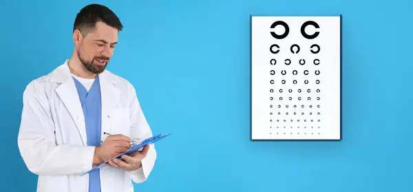 Prova Visiva Oftalmologo Optometrista Grafico Degli Occhi Sfondo Azzurro Disegno — Foto Stock