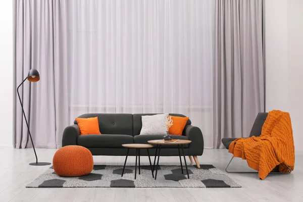Comfortable Sofa Floor Lamp Coffee Table Stylish Room Interior Design — Foto de Stock