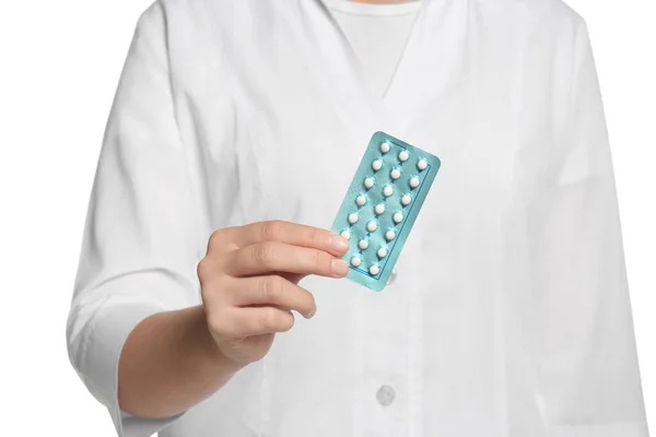 Doctor Holding Blister Oral Contraception Pills White Background Focus Hand — Stock Photo, Image