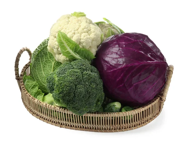 stock image Wicker tray with different types of fresh cabbage on white background