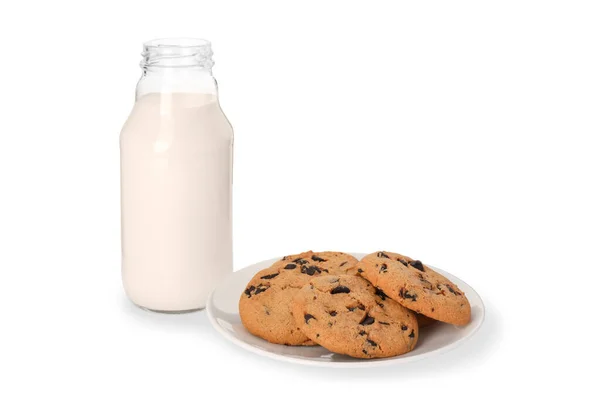 Вкусные Шоколадные Печенья Молоко Изолированные Белом — стоковое фото