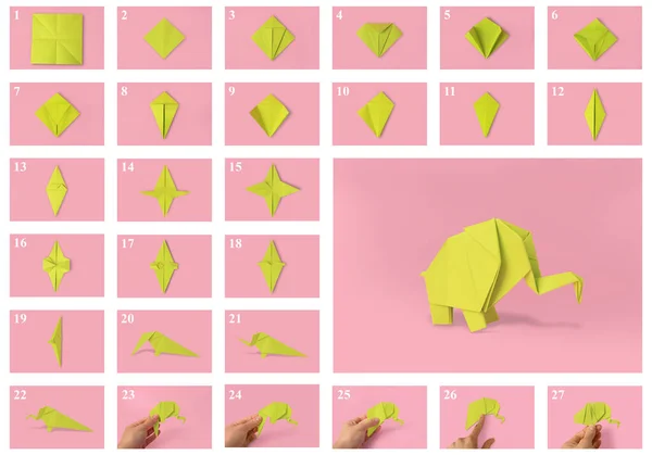 Origami art. Making yellow paper elephant step by step, photo collage on pink background