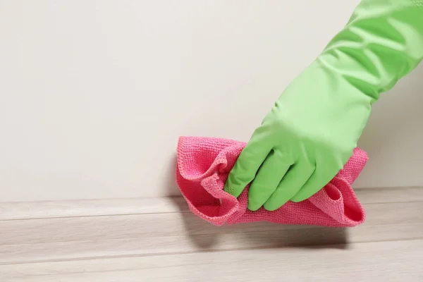 Woman Gloves Cleaning Plinth Cloth Indoors Closeup Space Text — Stock Photo, Image