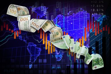 Para değişimi. Dolar, dijital dünya haritası ve grafiklerine karşı düşerken avro banknotlarına dönüşüyor