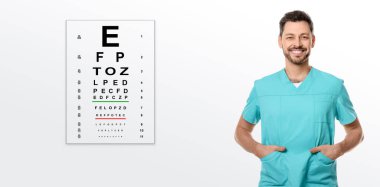 Vizyon testi. Beyaz arkaplan, afiş tasarımı üzerine oftalmolog veya optometrist ve göz çizelgesi