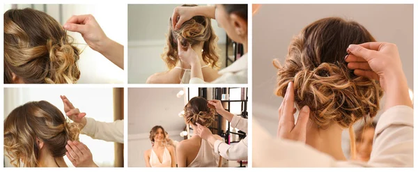 Hair styling process. Collage with photos of hairdresser and woman in salon