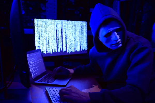 Hacker in mask working with computers in dark room. Cyber attack