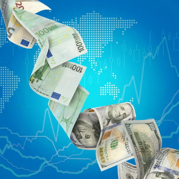 Money exchange. Euro banknotes turning into dollars while falling on light blue background. Graphs and world map illustration