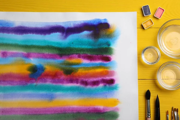 Bright Abstract Watercolor Painting Paints Empty Bowls Brushes Yellow Wooden — Stock Photo, Image