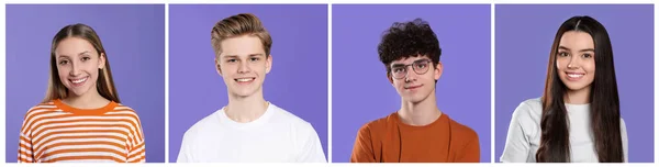 Portrety Nastolatków Niebieskim Fioletowym Tle Projekt Kolażu — Zdjęcie stockowe