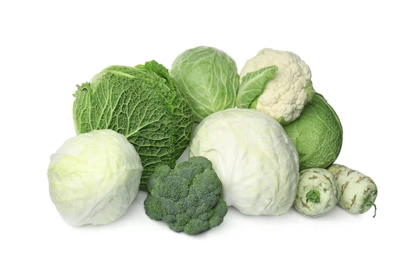Many Different Fresh Ripe Cabbages White Background — 图库照片