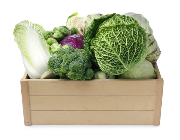 白色背景的不同类型新鲜卷心菜木箱 — 图库照片