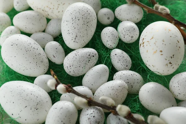 Many Beautifully Painted Easter Eggs Pussy Willow Branches Green Background — Fotografia de Stock
