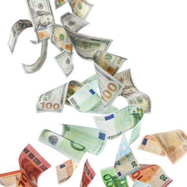 Para değişimi. Dolar, beyaz arka planda düşerken avro banknotuna dönüşüyor