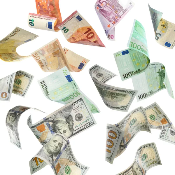Pénzcsere Sok Dollár Eurobankjegyek Alá Fehér Háttér — Stock Fotó