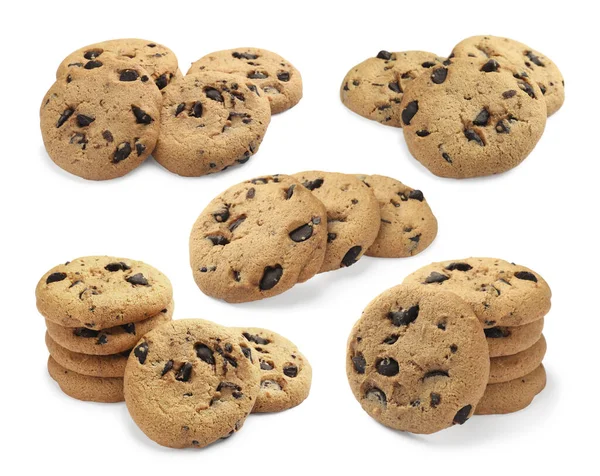 Tasty Chocolate Chip Cookies White Background Collage Design — Stock Photo, Image