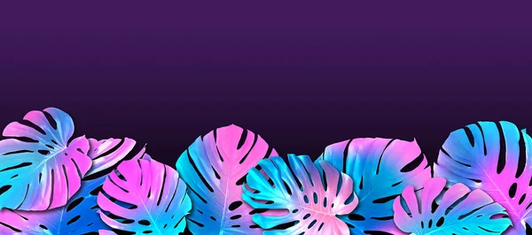 Mor Arka Planda Neon Renkli Tropikal Yapraklar Pankart Tasarımı Metin — Stok fotoğraf