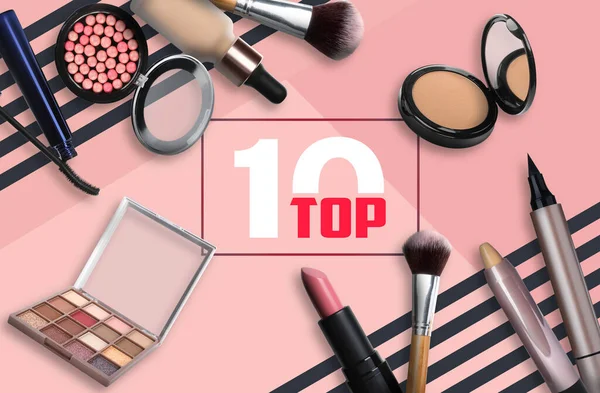 Top ten list of makeup products on color background