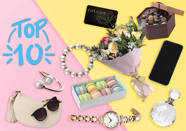 Top ten list of gifts for her on pink and yellow background