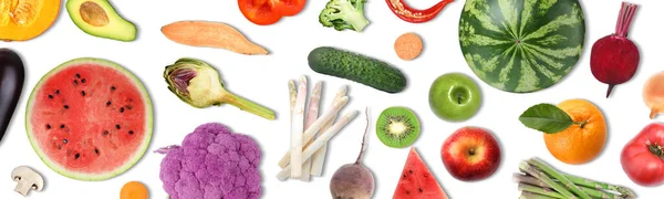 Collage Mit Viel Gemüse Und Obst Auf Weißem Hintergrund Draufsicht — Stockfoto
