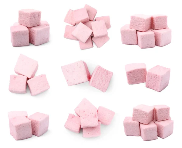 Collage Met Lekkere Roze Marshmallows Witte Achtergrond Boven Zijaanzichten — Stockfoto