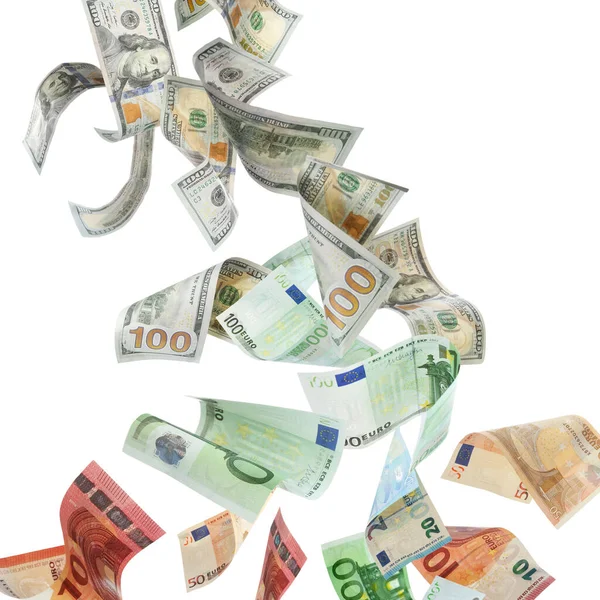 Cambio Dinero Dólares Convertidos Billetes Euros Mientras Caen Sobre Fondo Fotos De Stock