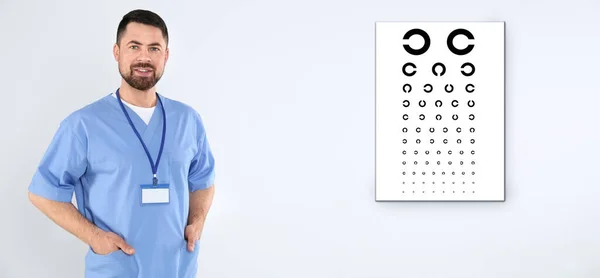 Syntest Oftalmolog Eller Optiker Och Öga Diagram Vit Bakgrund Banner — Stockfoto