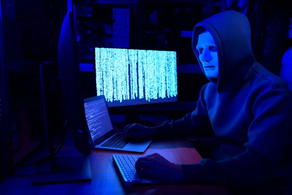 Hacker in mask working with computers in dark room. Cyber attack