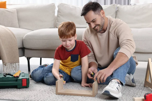 Father Son Repairing Shelf Together Home — Stock Photo, Image