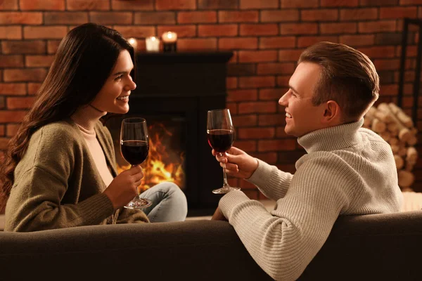 Happy Lovely Couple Glasses Wine Spending Time Together Fireplace Home — Stockfoto