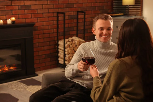 Happy Lovely Couple Glasses Wine Resting Together Fireplace Home — Stock Photo, Image
