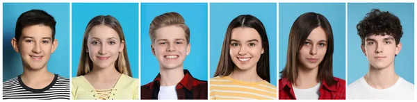 Portraits Teenagers Light Blue Background Collage Design — Stock Photo, Image
