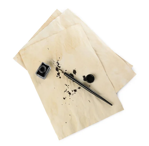 Parchment Stains Ink Fountain Pen Inkwell White Background Top View — Stock Photo, Image