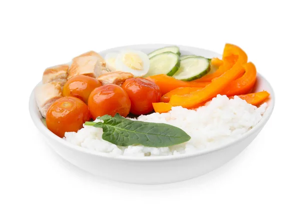 Delicious Poke Bowl Meat Rice Eggs Vegetables Isolated White — Stock Photo, Image