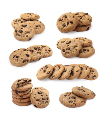 Beyaz arka planda çikolata parçacıklı kurabiyeler, kolaj tasarımı