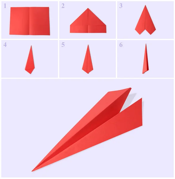 Origami art. Making red paper plane step by step, photo collage on white background