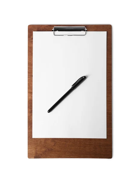 Ξύλινο Πρόχειρο Φύλλο Χαρτιού Και Στυλό Μονωμένο Λευκό Πάνω Όψη — Φωτογραφία Αρχείου