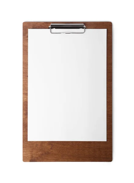 Wooden Clipboard Sheet Paper Isolated White Top View Space Text — Stock Photo, Image