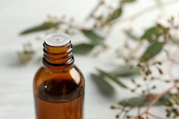 Eine Flasche Ätherisches Eukalyptusöl Und Blätter Auf Einem Weißen Holztisch — Stockfoto