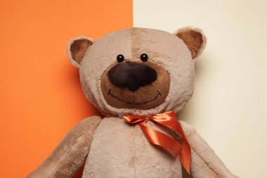 Cute teddy bear on color background, top view