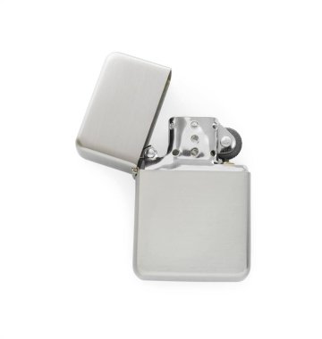 Gri metalik çakmak beyaza izole edilmiş, üst manzara