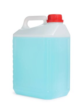 Beyaz üzerine mavi sıvı izole edilmiş plastik kutu.