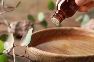 Kadın okaliptüs yağı damlatıyor şişeden kaseye, ahşap masada, yakın plan. Metin için boşluk