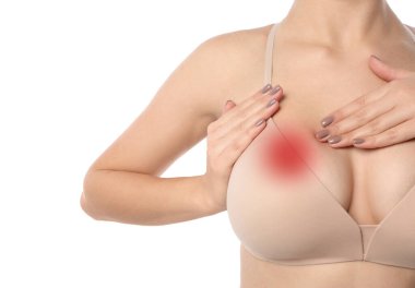 Beyaz arka planda, closeup kızın göğsünü kontrol kadın