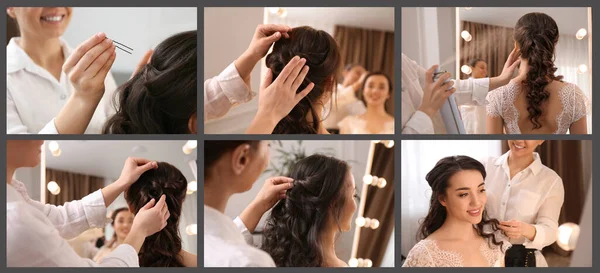 头发造型的过程 美发师和美发师在沙龙合影 — 图库照片