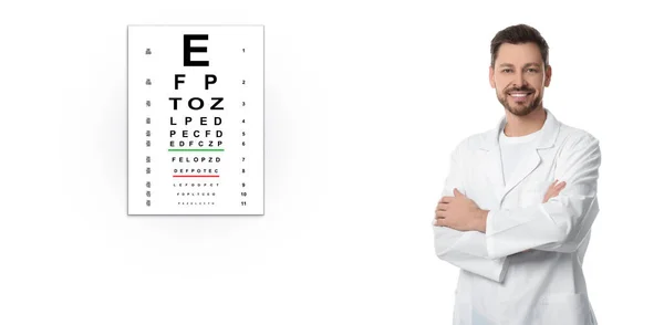 Teste Visão Oftalmologista Optometrista Gráfico Olho Fundo Branco Design Banner — Fotografia de Stock