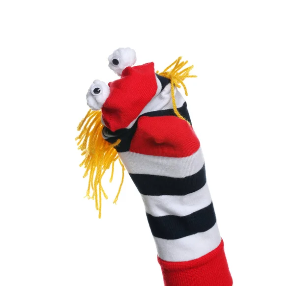 Весела Маріонетка Шкарпетки Волоссям Ізольована Білому — стокове фото