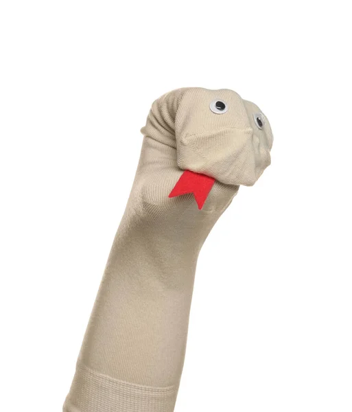 Funny sock puppet with tongue isolated on white