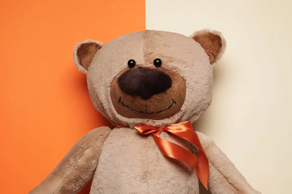 Cute Teddy Bear Color Background Top View — Stock Photo, Image