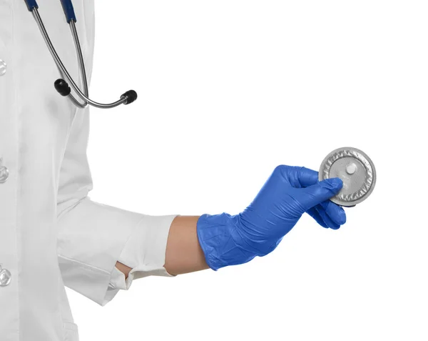 Läkare Håller Blister Akut Preventivmedel Vit Bakgrund Närbild — Stockfoto